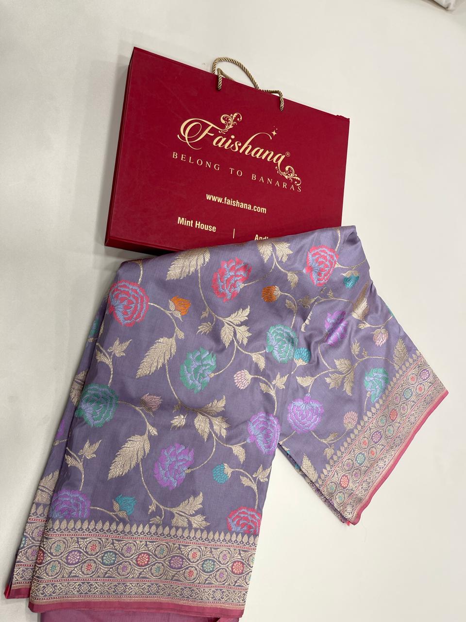 Faishana Pure Handloom Katan Silk Light Purple Minakari Kadhwa Floral Boota Jangla Jaal with Kadhwa Weaving Pallu Zari Border and Peach Kadhwa Blouse