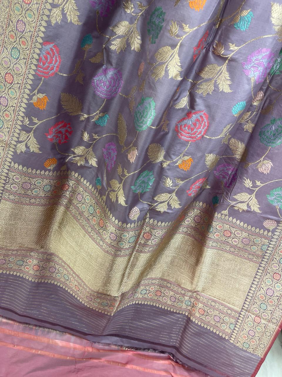 Faishana Pure Handloom Katan Silk Light Purple Minakari Kadhwa Floral Boota Jangla Jaal with Kadhwa Weaving Pallu Zari Border and Peach Kadhwa Blouse