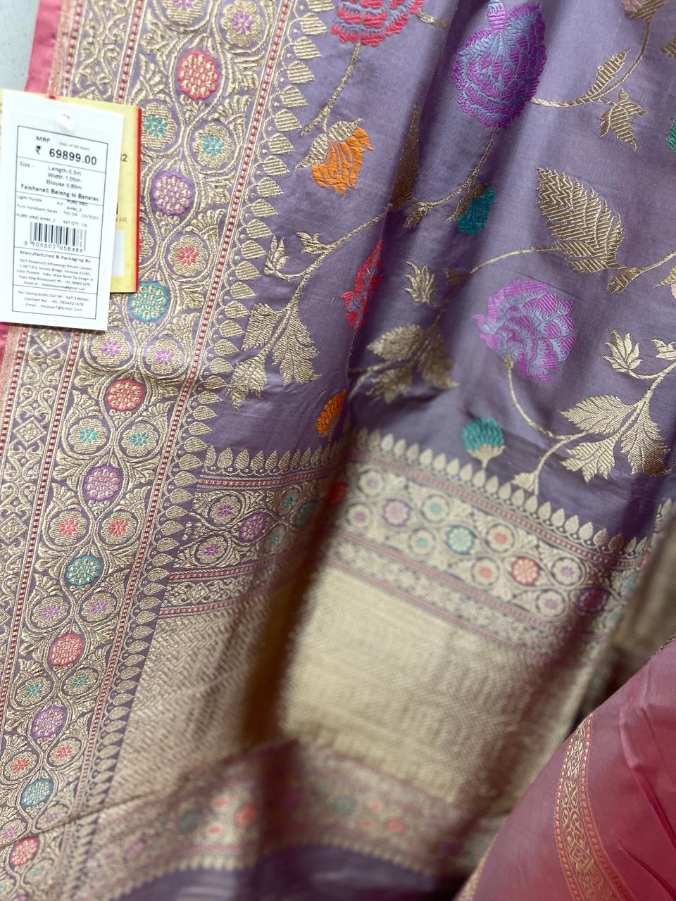 Faishana Pure Handloom Katan Silk Light Purple Minakari Kadhwa Floral Boota Jangla Jaal with Kadhwa Weaving Pallu Zari Border and Peach Kadhwa Blouse