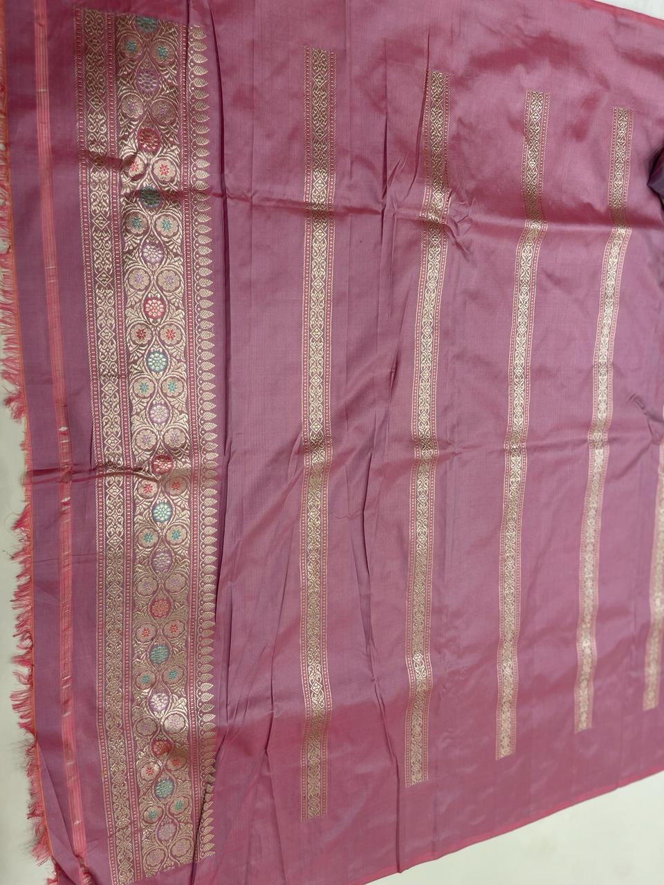 Faishana Pure Handloom Katan Silk Light Purple Minakari Kadhwa Floral Boota Jangla Jaal with Kadhwa Weaving Pallu Zari Border and Peach Kadhwa Blouse
