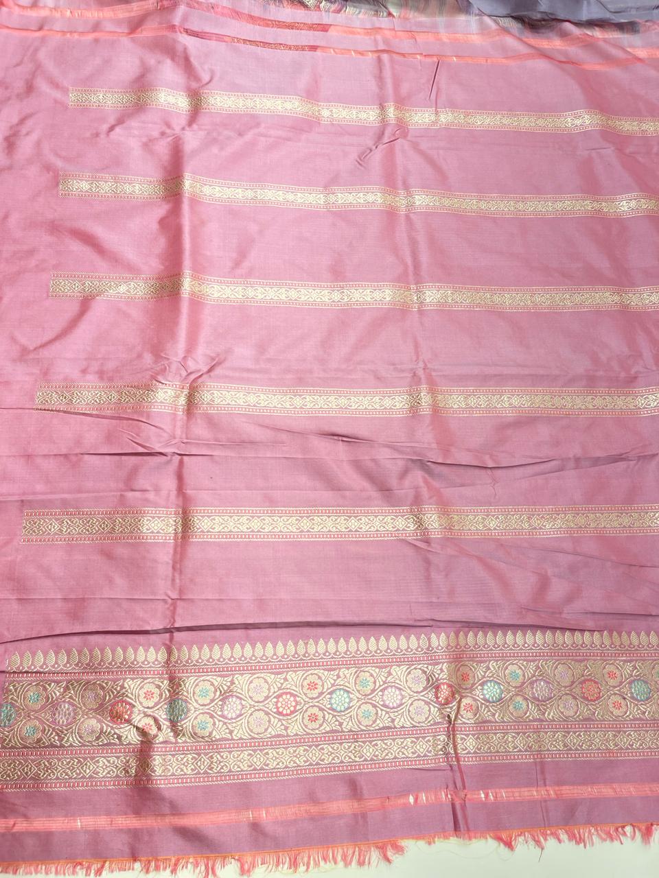 Faishana Pure Handloom Katan Silk Light Purple Minakari Kadhwa Floral Boota Jangla Jaal with Kadhwa Weaving Pallu Zari Border and Peach Kadhwa Blouse