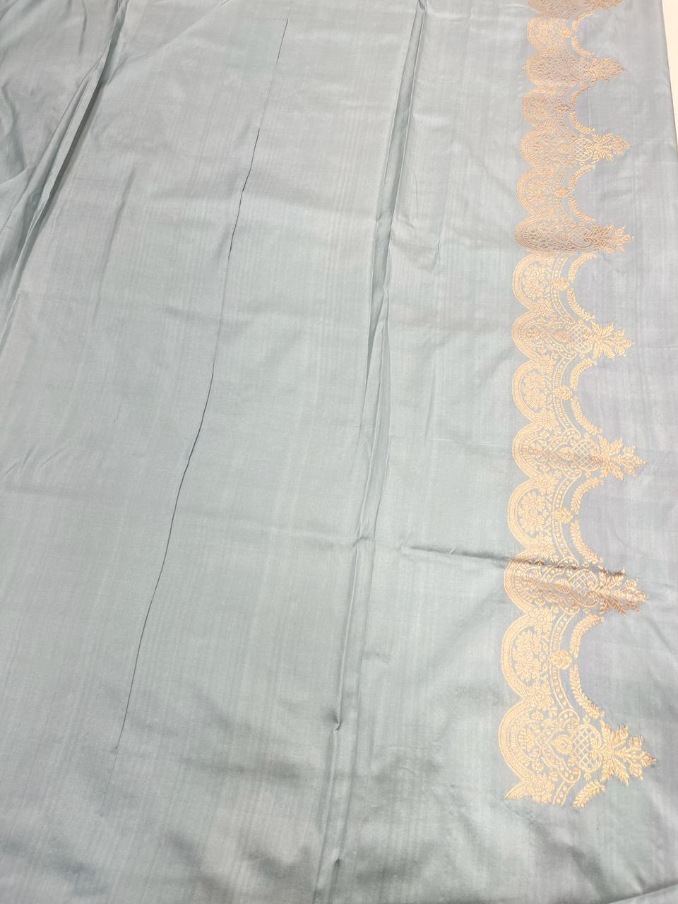 Faishana Pure Silk Handloom Grey Katan Silk Sona Rupa Zari Kadhwa Strip with Kadhwa Zari Border and Grey Blouse
