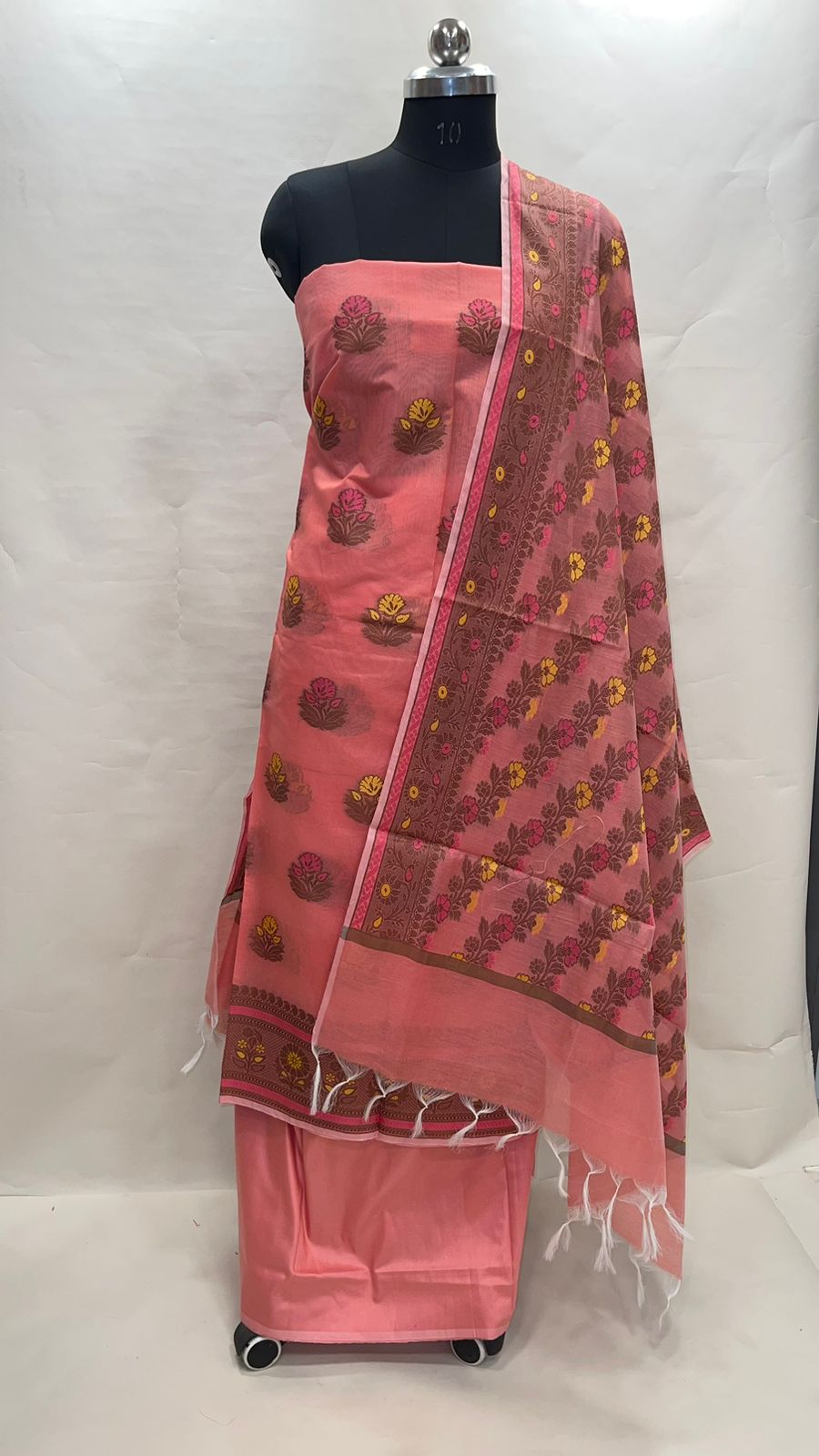 Faishana Presents Off-white Cotton Resham Zari Floral Mina Boota 3pcs Suit Set accompanied with Plain Bottom and Resham Zari Mina Stripe Jaal Off-white Dupatta