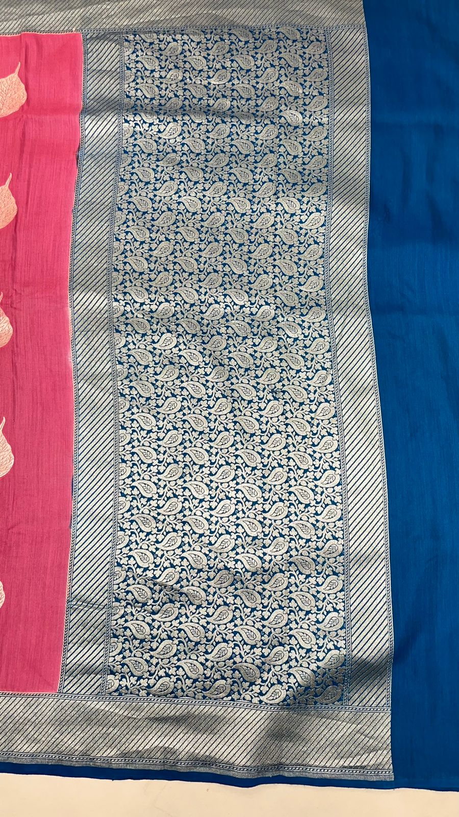 Faishana Presents Baby Pink Tussar Silk Floral Sona Rupa Leaf Boota with Contrast Blue Banarasi Pallu Zari Border and Blue Blouse