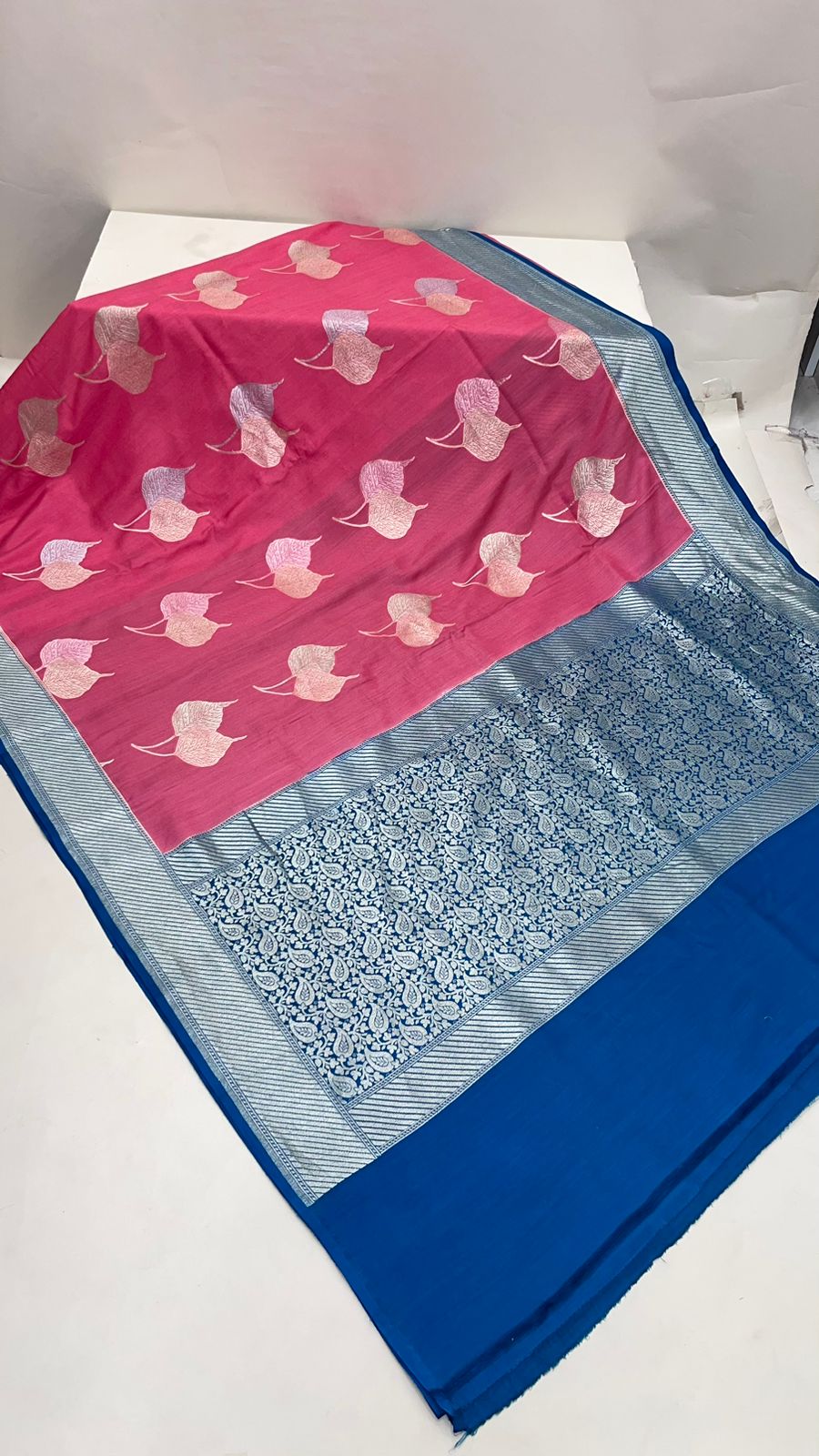 Faishana Presents Baby Pink Tussar Silk Floral Sona Rupa Leaf Boota with Contrast Blue Banarasi Pallu Zari Border and Blue Blouse
