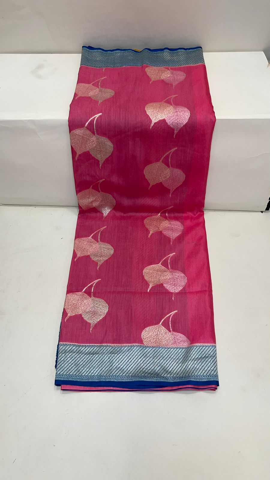 Faishana Presents Baby Pink Tussar Silk Floral Sona Rupa Leaf Boota with Contrast Blue Banarasi Pallu Zari Border and Blue Blouse