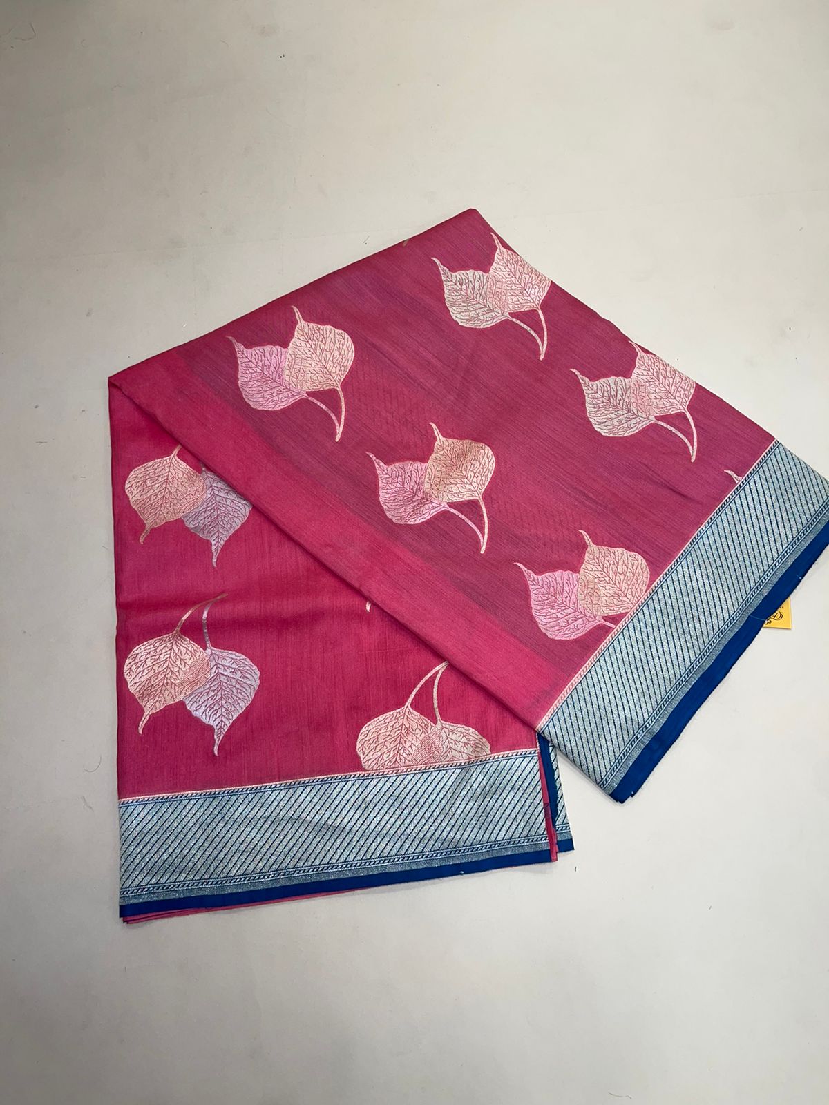 Faishana Presents Baby Pink Tussar Silk Floral Sona Rupa Leaf Boota with Contrast Blue Banarasi Pallu Zari Border and Blue Blouse