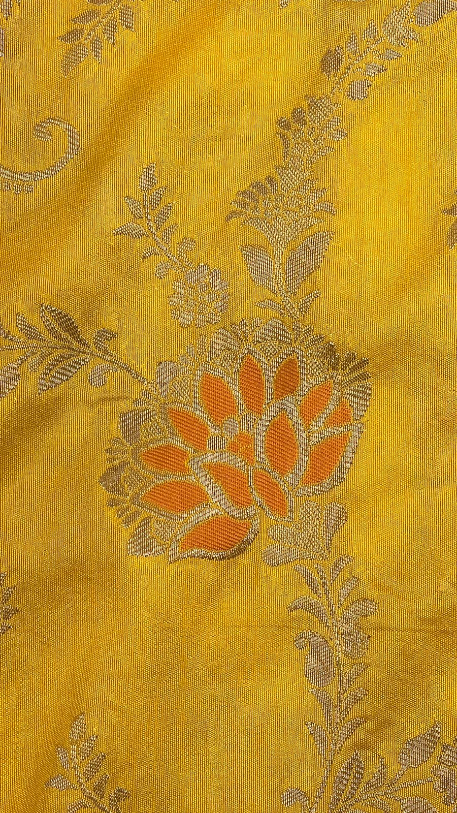 Faishana Presents Yellow Dupion Silk Floral Mina Zari Jaal with Contrast Sky Blue Paithani Mina Zari Pallu Zari Border and Sky Blue Blouse