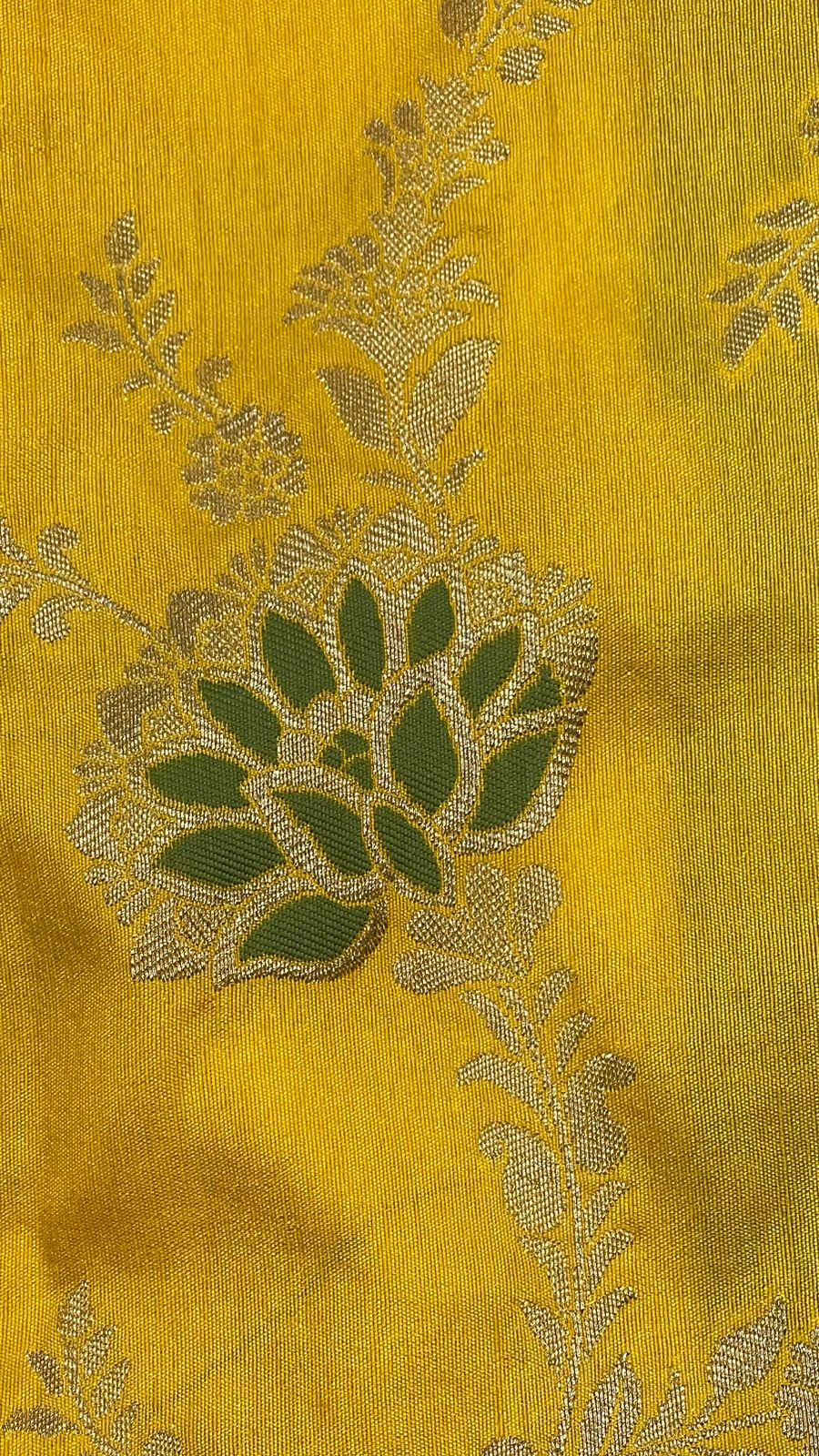 Faishana Presents Yellow Dupion Silk Floral Mina Zari Jaal with Contrast Sky Blue Paithani Mina Zari Pallu Zari Border and Sky Blue Blouse