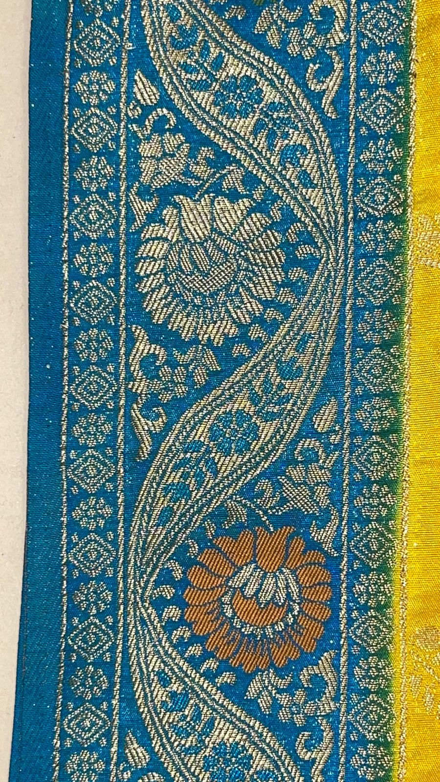 Faishana Presents Yellow Dupion Silk Floral Mina Zari Jaal with Contrast Sky Blue Paithani Mina Zari Pallu Zari Border and Sky Blue Blouse