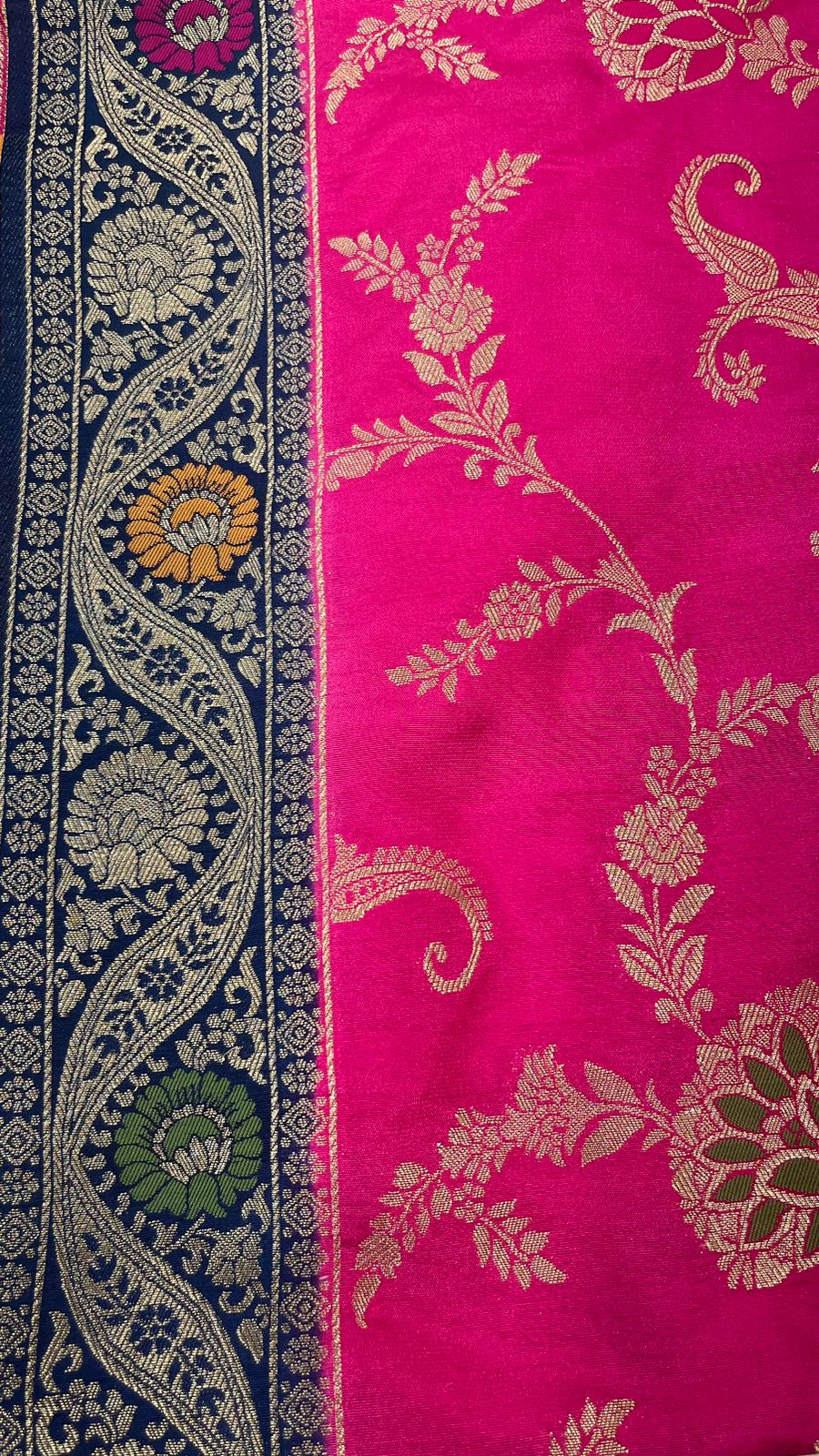 Faishana Presents Magenta Dupion Silk Floral Mina Zari Jaal with Contrast Navy Blue Paithani Mina Zari Pallu Zari Border and Navy Blue Blouse