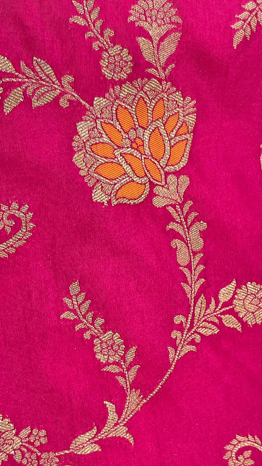 Faishana Presents Magenta Dupion Silk Floral Mina Zari Jaal with Contrast Navy Blue Paithani Mina Zari Pallu Zari Border and Navy Blue Blouse