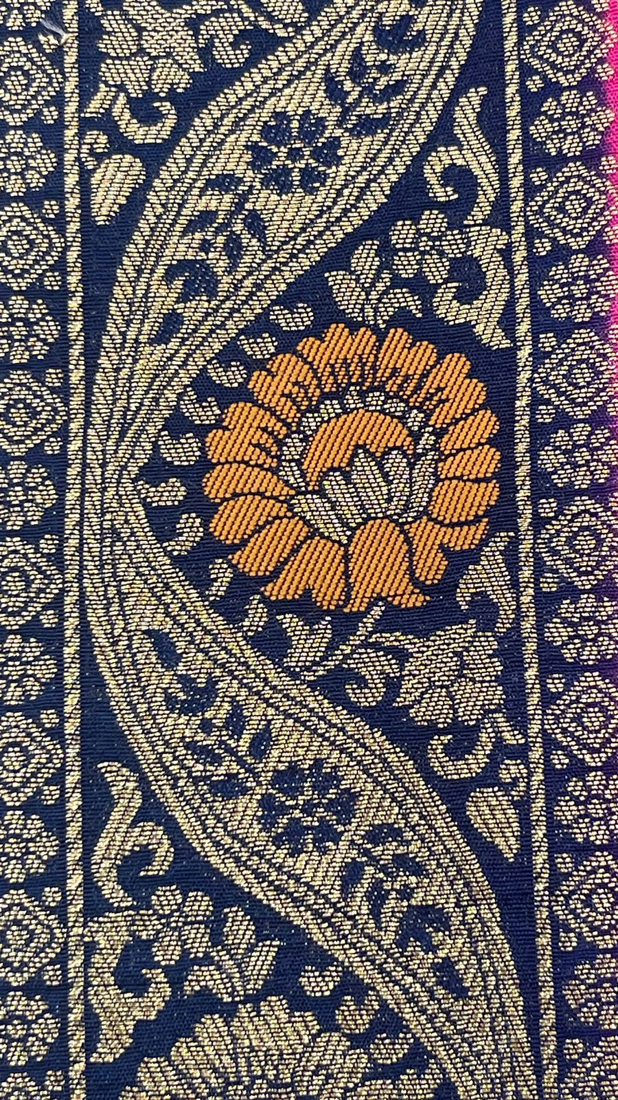 Faishana Presents Magenta Dupion Silk Floral Mina Zari Jaal with Contrast Navy Blue Paithani Mina Zari Pallu Zari Border and Navy Blue Blouse