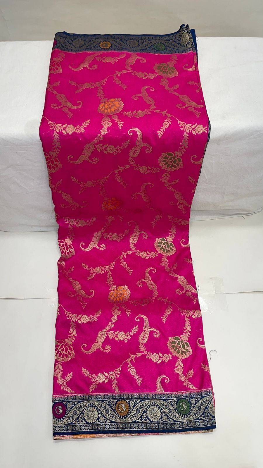 Faishana Presents Magenta Dupion Silk Floral Mina Zari Jaal with Contrast Navy Blue Paithani Mina Zari Pallu Zari Border and Navy Blue Blouse