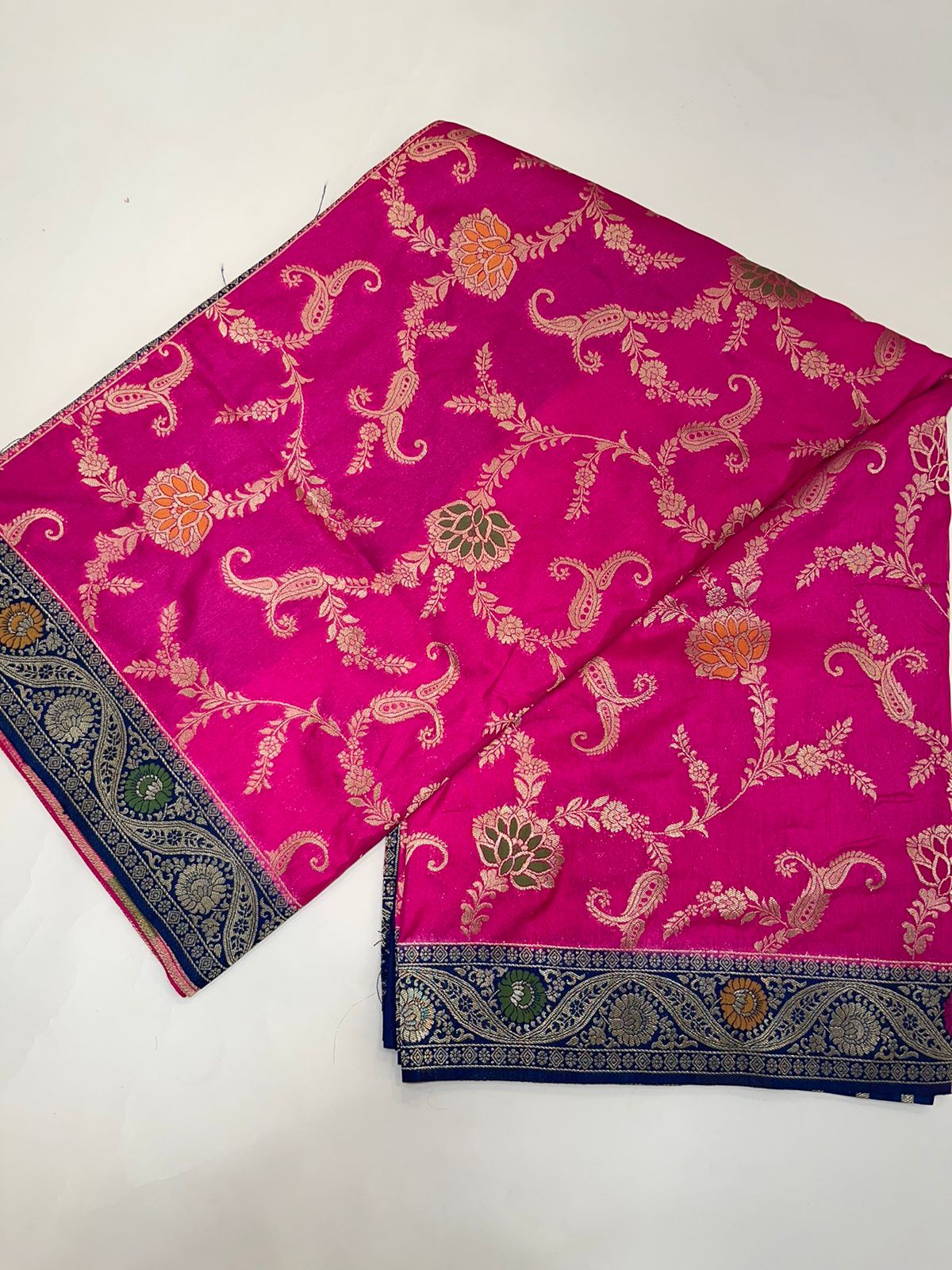 Faishana Presents Magenta Dupion Silk Floral Mina Zari Jaal with Contrast Navy Blue Paithani Mina Zari Pallu Zari Border and Navy Blue Blouse