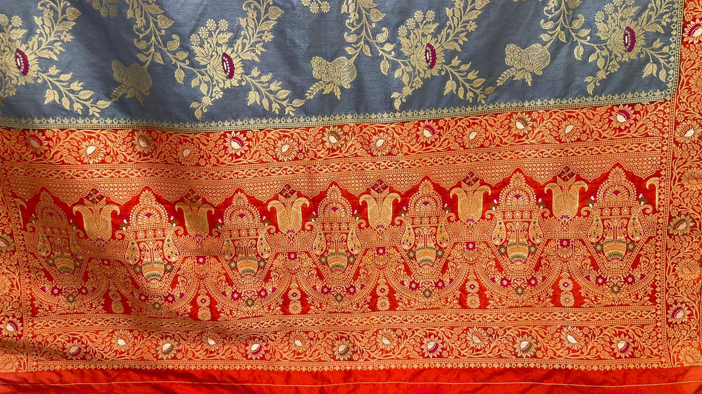 Faishana Presents Grey Dupion Silk Floral Mina Zari Jaal with Contrast Orange Paithani Mina Zari Pallu Zari Border and Orange Blouse