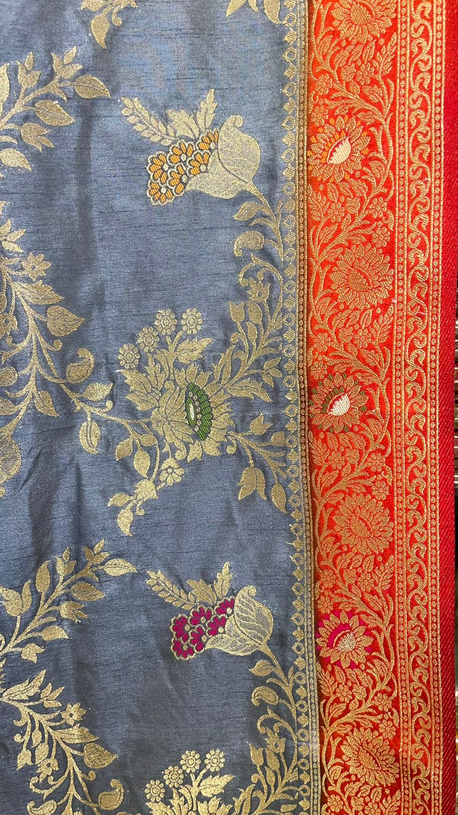 Faishana Presents Grey Dupion Silk Floral Mina Zari Jaal with Contrast Orange Paithani Mina Zari Pallu Zari Border and Orange Blouse