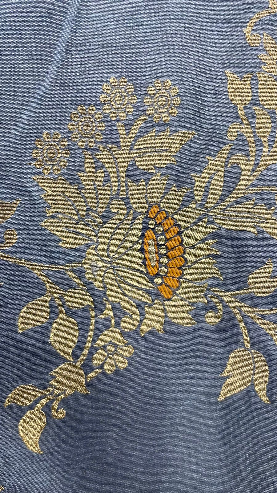Faishana Presents Grey Dupion Silk Floral Mina Zari Jaal with Contrast Orange Paithani Mina Zari Pallu Zari Border and Orange Blouse