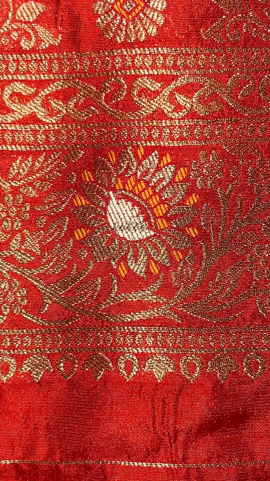 Faishana Presents Grey Dupion Silk Floral Mina Zari Jaal with Contrast Orange Paithani Mina Zari Pallu Zari Border and Orange Blouse