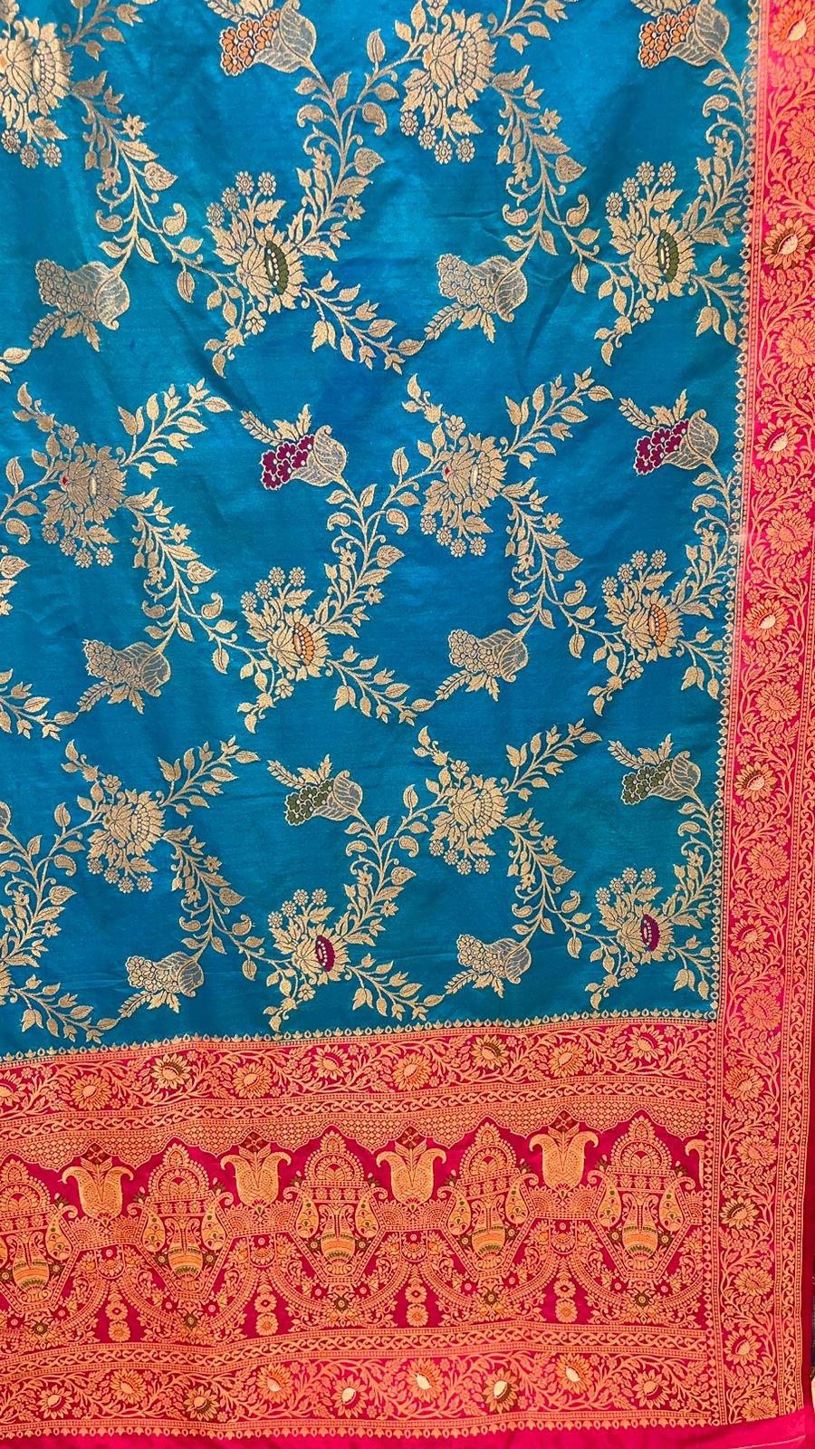 Faishana Presents Sky Blue Dupion Silk Floral Mina Zari Jaal with Contrast Magenta Paithani Mina Zari Pallu Zari Border and Magenta Blouse