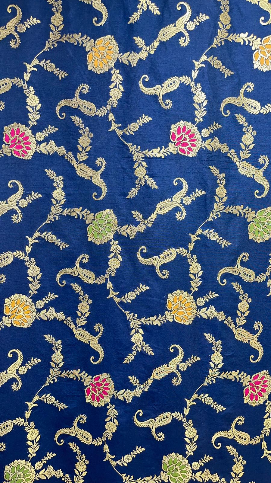 Faishana Presents Navy Blue Dupion Silk Floral Mina Zari Jaal with Contrast Yellow Paithani Mina Zari Pallu Zari Border and Yellow Blouse