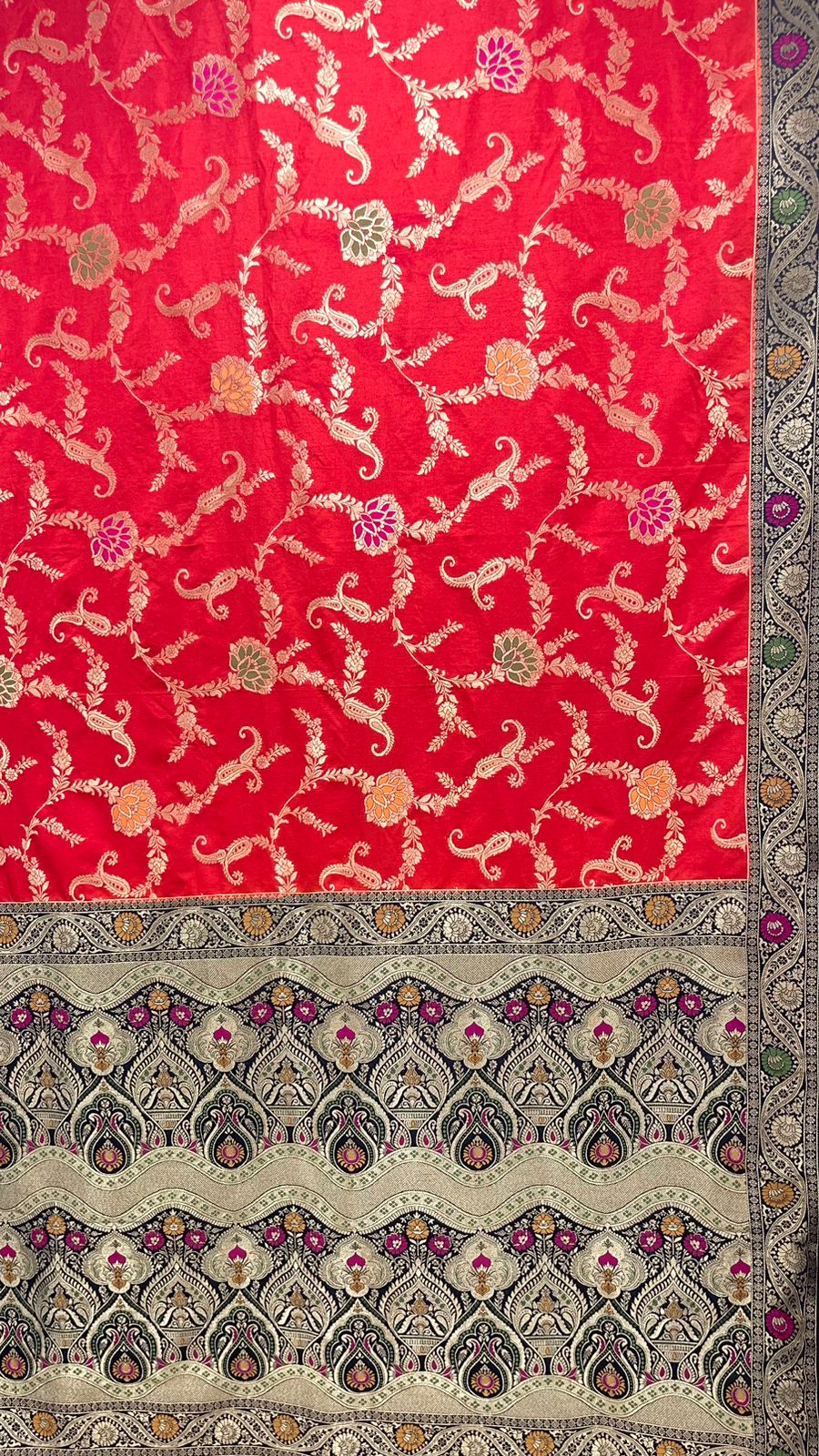 Faishana Presents Red Dupion Silk Floral Mina Zari Jaal with Contrast Black Paithani Mina Zari Pallu Zari Border and Black Blouse