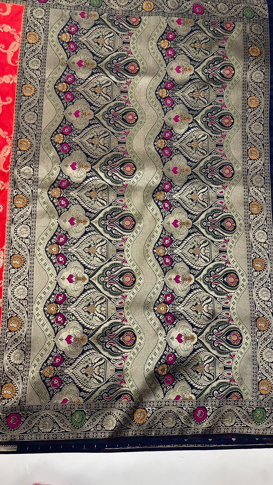 Faishana Presents Red Dupion Silk Floral Mina Zari Jaal with Contrast Black Paithani Mina Zari Pallu Zari Border and Black Blouse