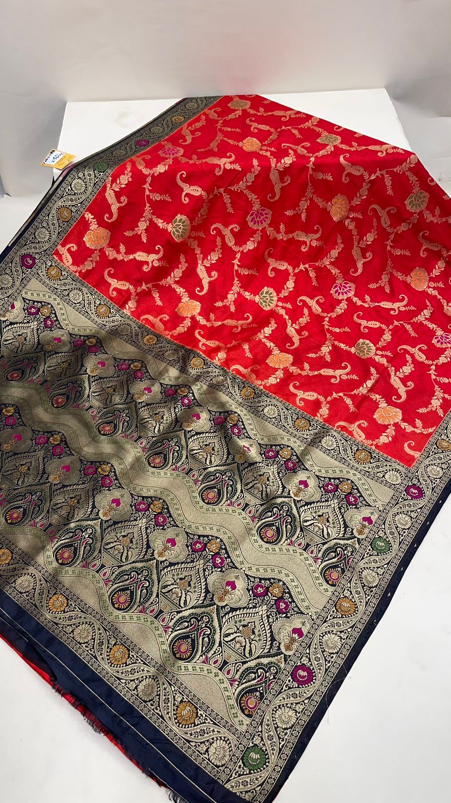 Faishana Presents Red Dupion Silk Floral Mina Zari Jaal with Contrast Black Paithani Mina Zari Pallu Zari Border and Black Blouse