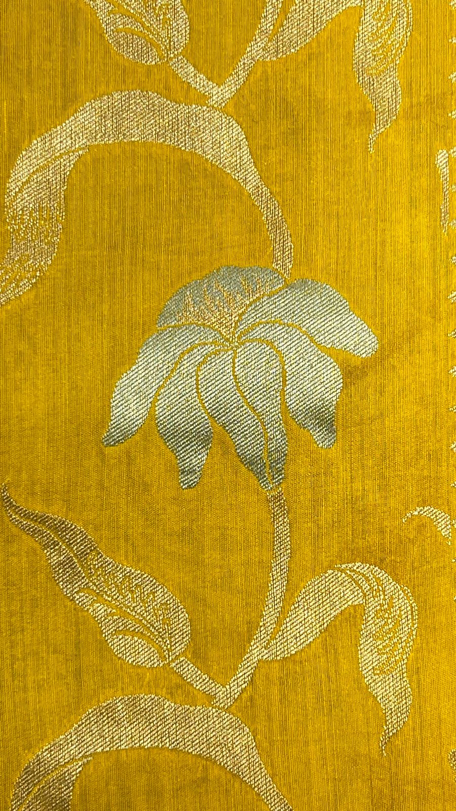 Faishana Presents Yellow Tussar Silk Handpainted Floral Zari Jaal with Contrast Blue Banarasi Floral Jaal Pallu Zari Border and Blue Blouse