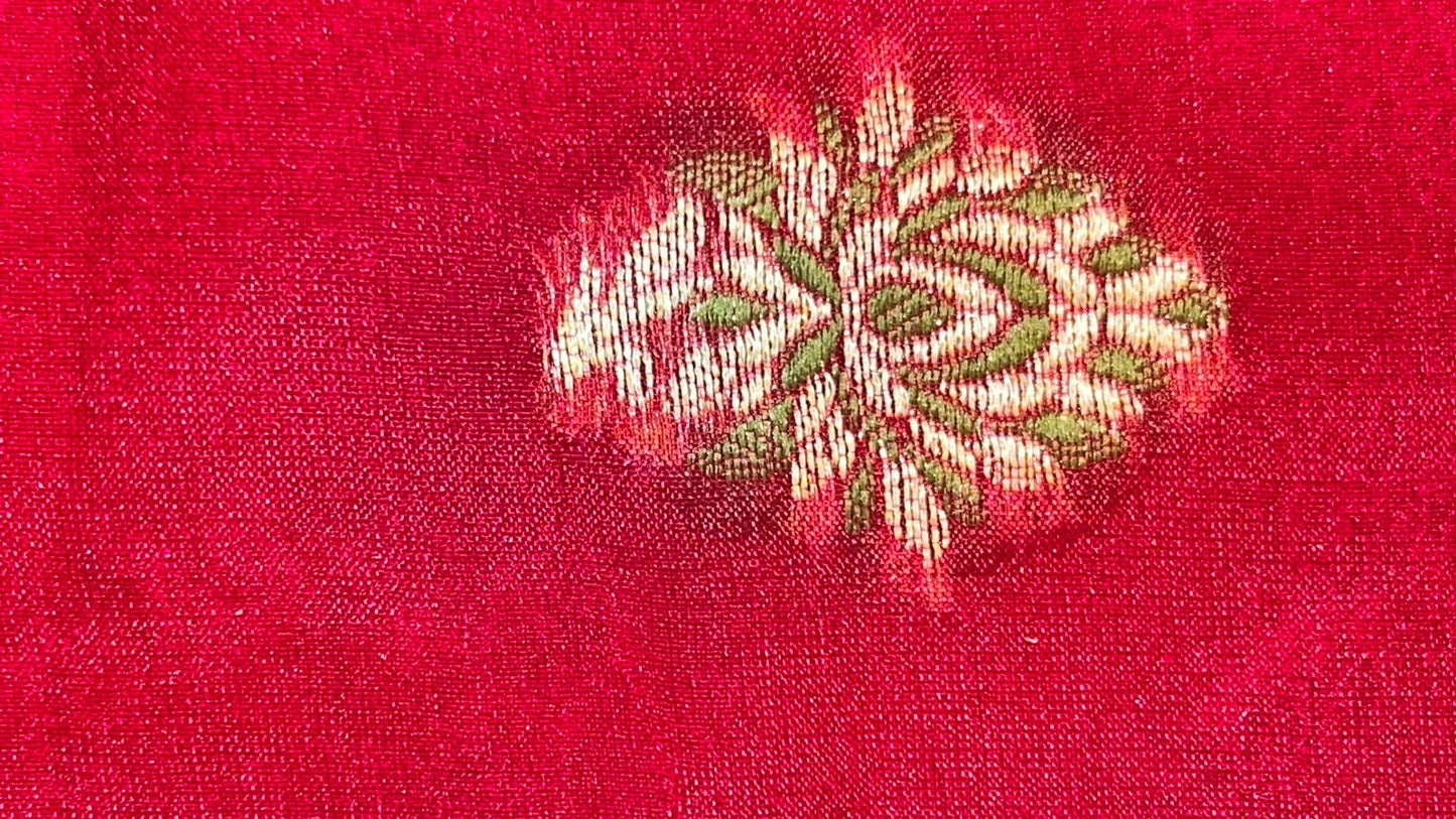 Faishana Presents Handloom Red Chiffon Resham Mina Zari Booti Kadiyal Anchal with Banarasi Mina Border and Red Blouse