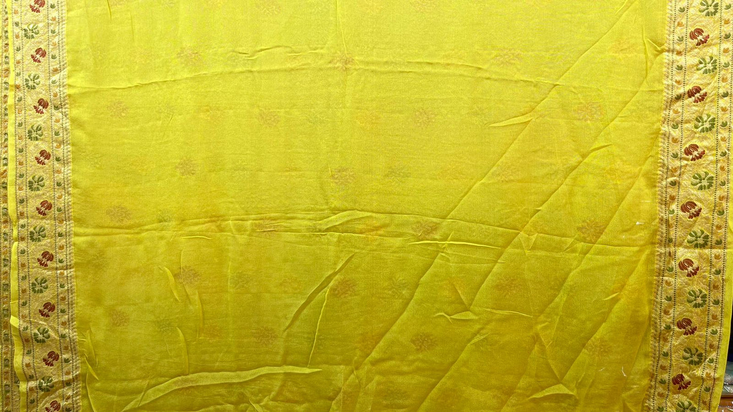 Faishana Presents a Yellow Chiffon Handloom Mina Zari Booti with Resham Golden Zari Kadiyal with Banarasi Mina Border with a Yellow Blouse