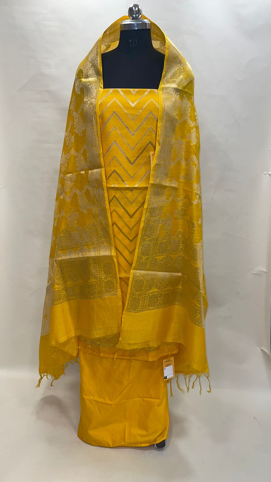 Faishana Presents Yellow Cotton Silk 3pcs Suit Set accompanied with Plain Bottom and Top Golden Zig Zag Stripe & Yellow Golden Zari Lehariya Jaal Cotton Silk Dupatta