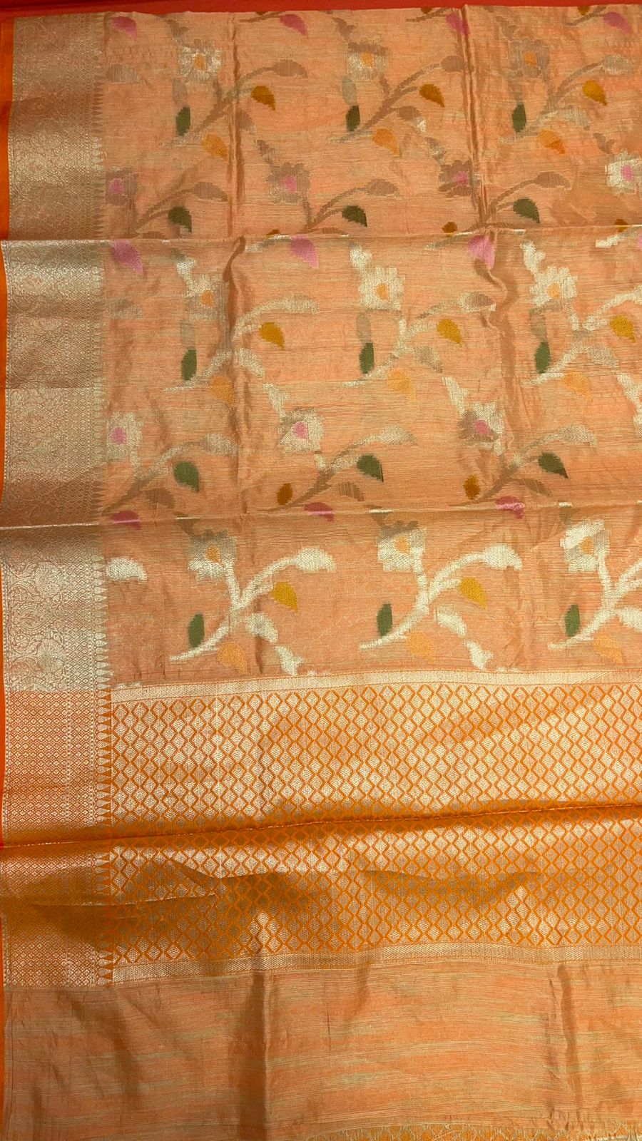 Faishana Presents Handwoven Pink Mulberry Silk Tilfi Jaal Zari Border With Orange Blouse Banarasi Saree