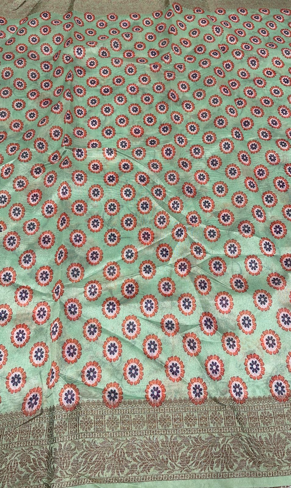 Faishana Presents Pista Green Warm Silk Floral Digital Print Copper Zari Border Banarasi Saree with Floral Print Booti Pista Green Blouse