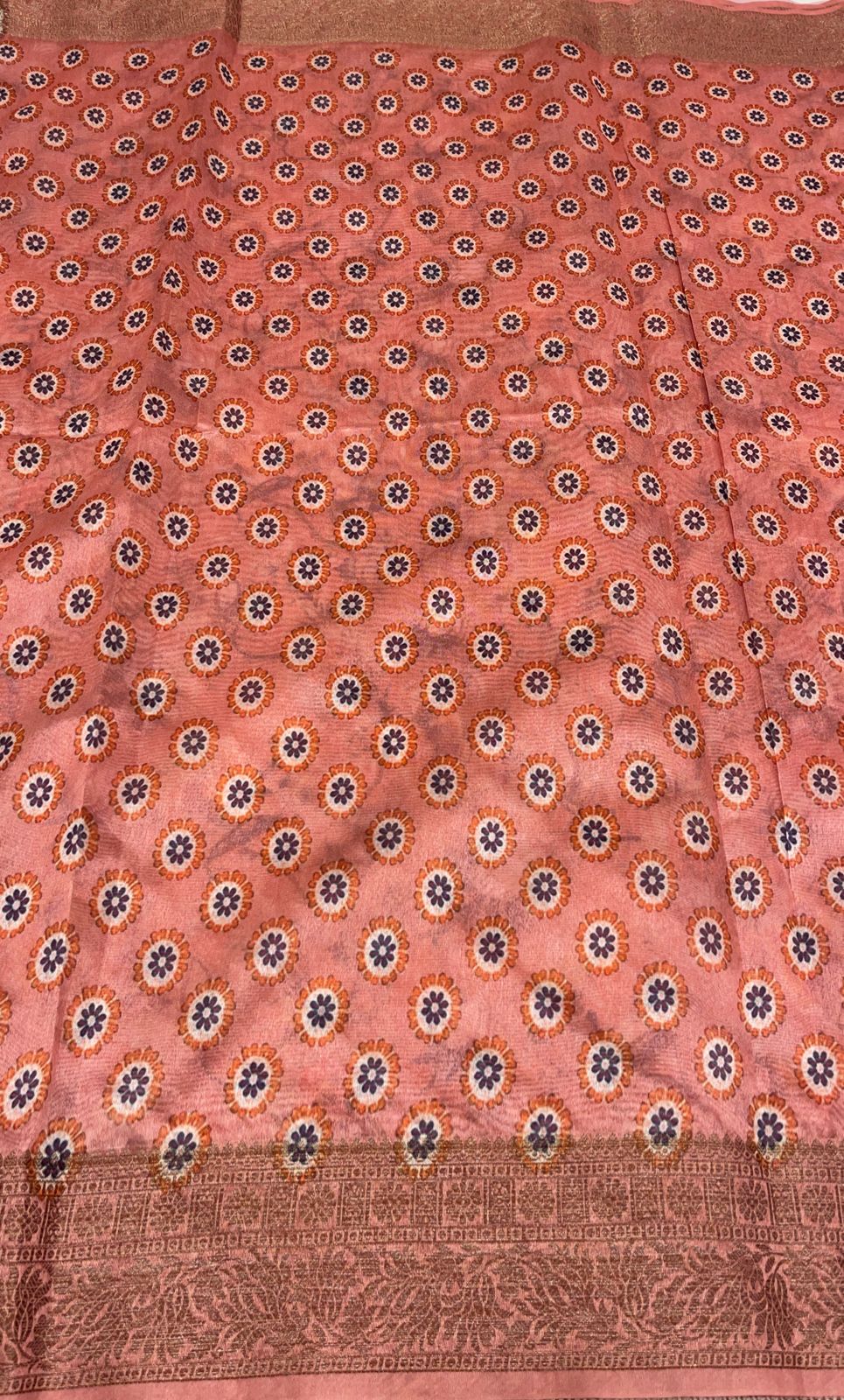 Faishana Presents Peach Warm Silk Floral Digital Print Copper Zari Border Banarasi Saree with Floral Print Booti Peach Blouse