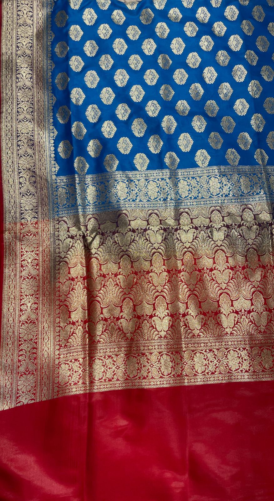 Faishana Presents Blue Satin Silk Silver Zari Floral Boota and Contrast Red Zari Border and Heavy Silver Zari Floral Anchal Banarasi Saree with Red Blouse