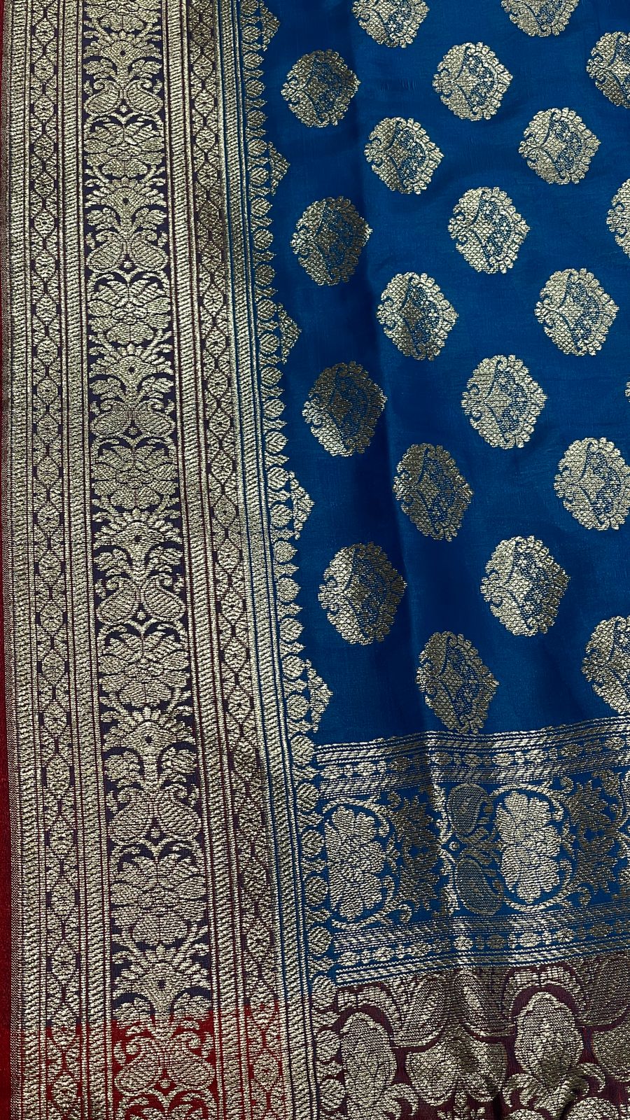 Faishana Presents Blue Satin Silk Silver Zari Floral Boota and Contrast Red Zari Border and Heavy Silver Zari Floral Anchal Banarasi Saree with Red Blouse