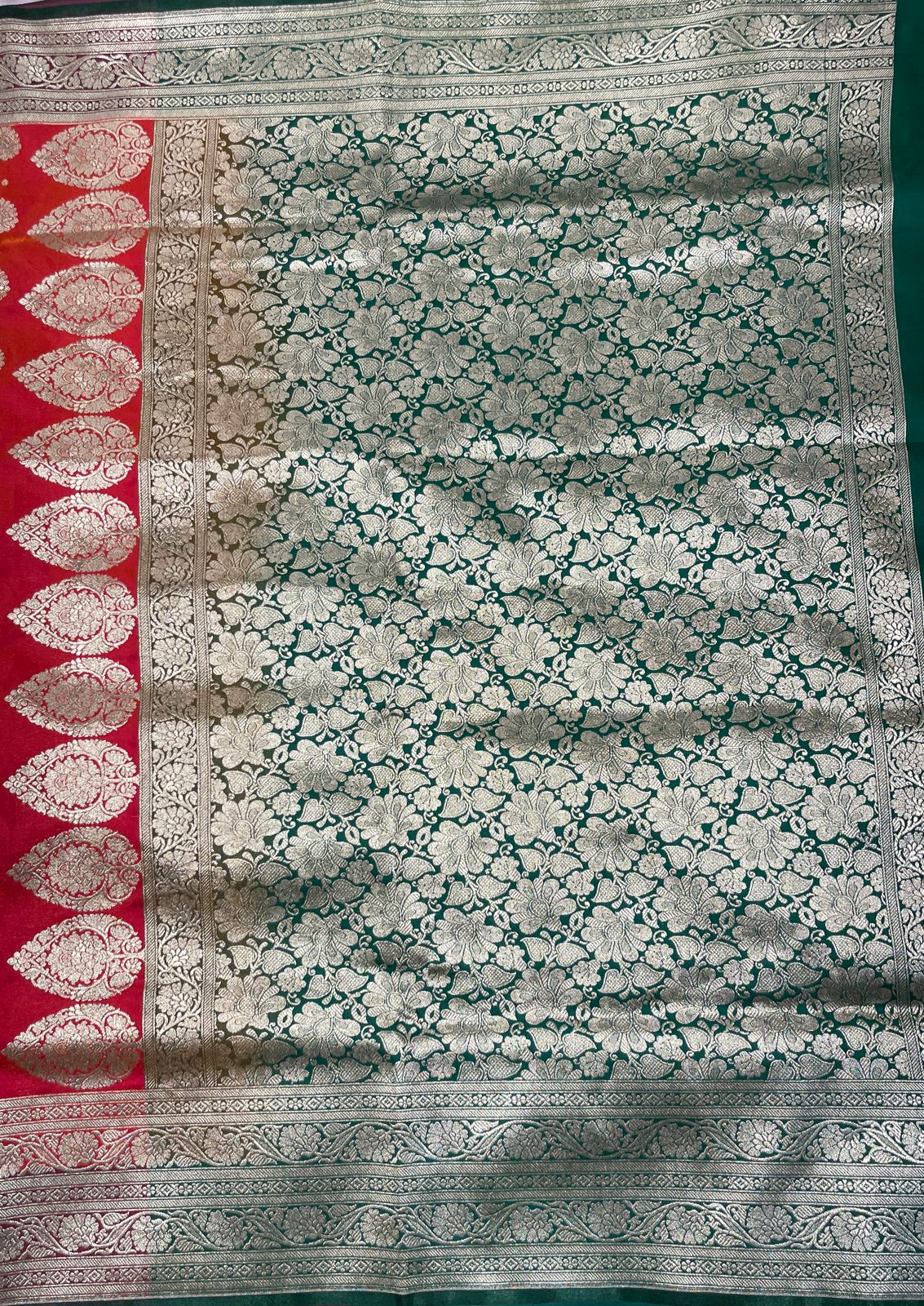 Faishana Presents Orange Satin Silk Zari Booti and Contrast Green 2D Zari Border and Heavy Floral Jaal Pallu Banarasi Saree with Green Blouse
