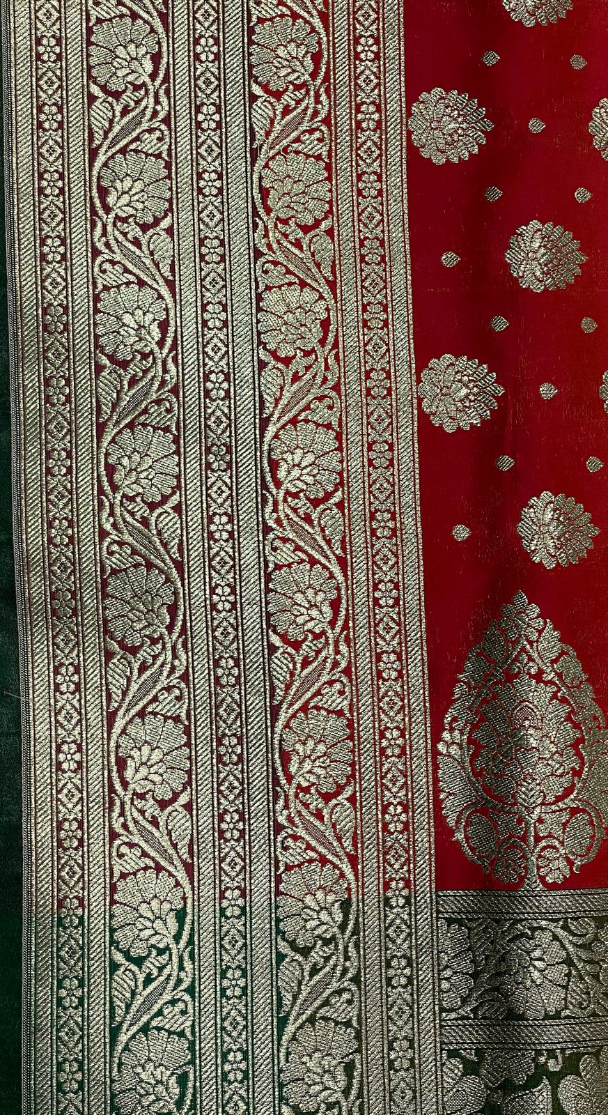 Faishana Presents Orange Satin Silk Zari Booti and Contrast Green 2D Zari Border and Heavy Floral Jaal Pallu Banarasi Saree with Green Blouse