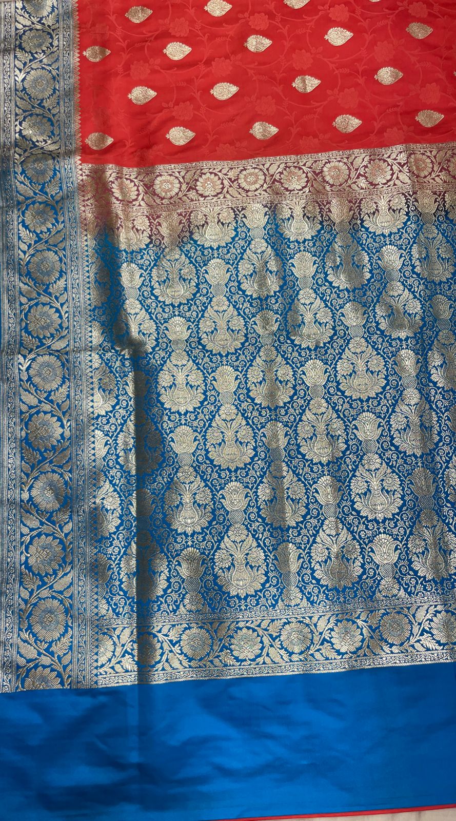 Faishana Presents Red Satin Silk Silver Zari Booti Mina Jaal Banarasi saree and Contrast Blue Silver Zari Boota Pallu with Blue Blouse