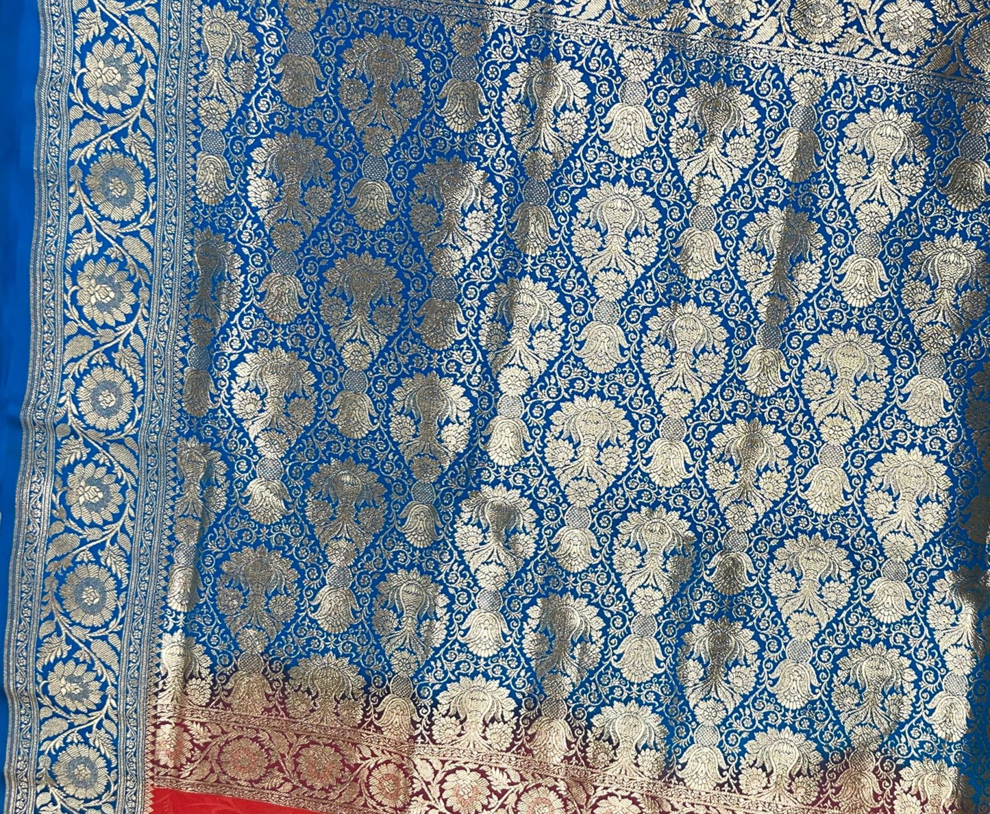Faishana Presents Red Satin Silk Silver Zari Booti Mina Jaal Banarasi saree and Contrast Blue Silver Zari Boota Pallu with Blue Blouse