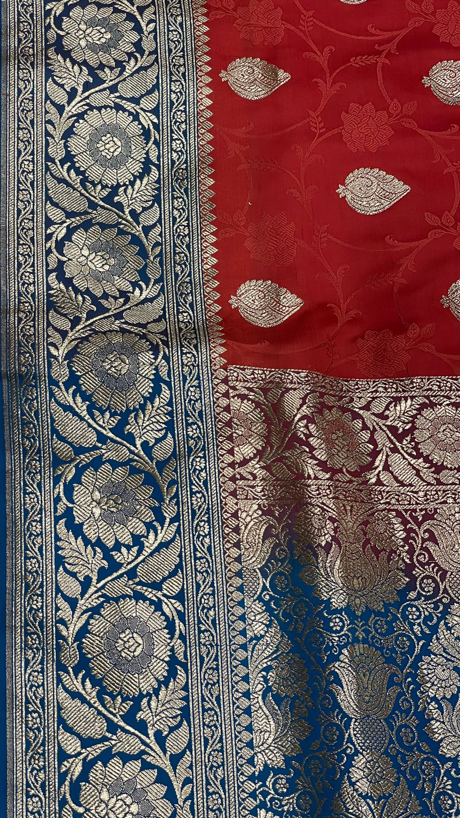 Faishana Presents Red Satin Silk Silver Zari Booti Mina Jaal Banarasi saree and Contrast Blue Silver Zari Boota Pallu with Blue Blouse