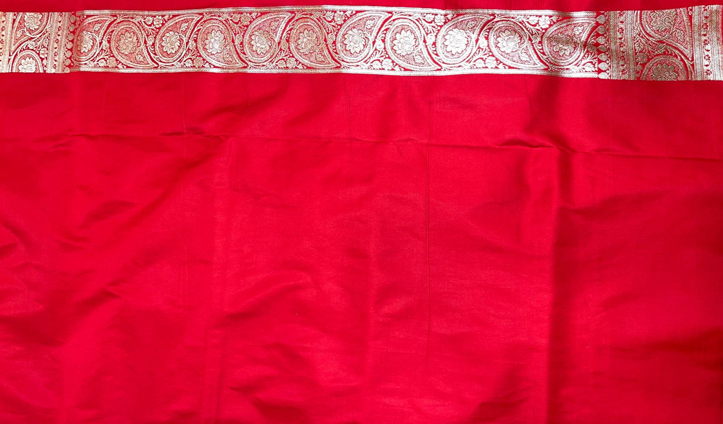 Faishana Presents Red Satin Silk Silver Zari Boota Jaal with Silver Zari Border saree and Red Blouse