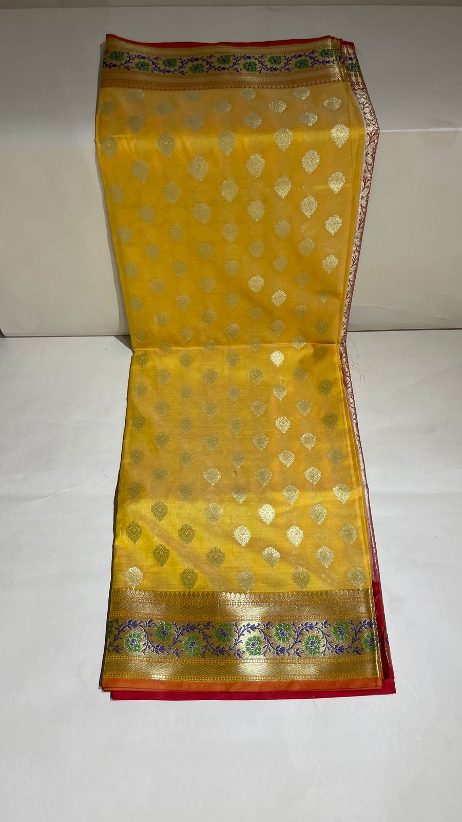 Faishana Presents Gold Katan Silk Golden Zari Booti with Contrast Banarasi Alfi Mina Border and Red Blouse