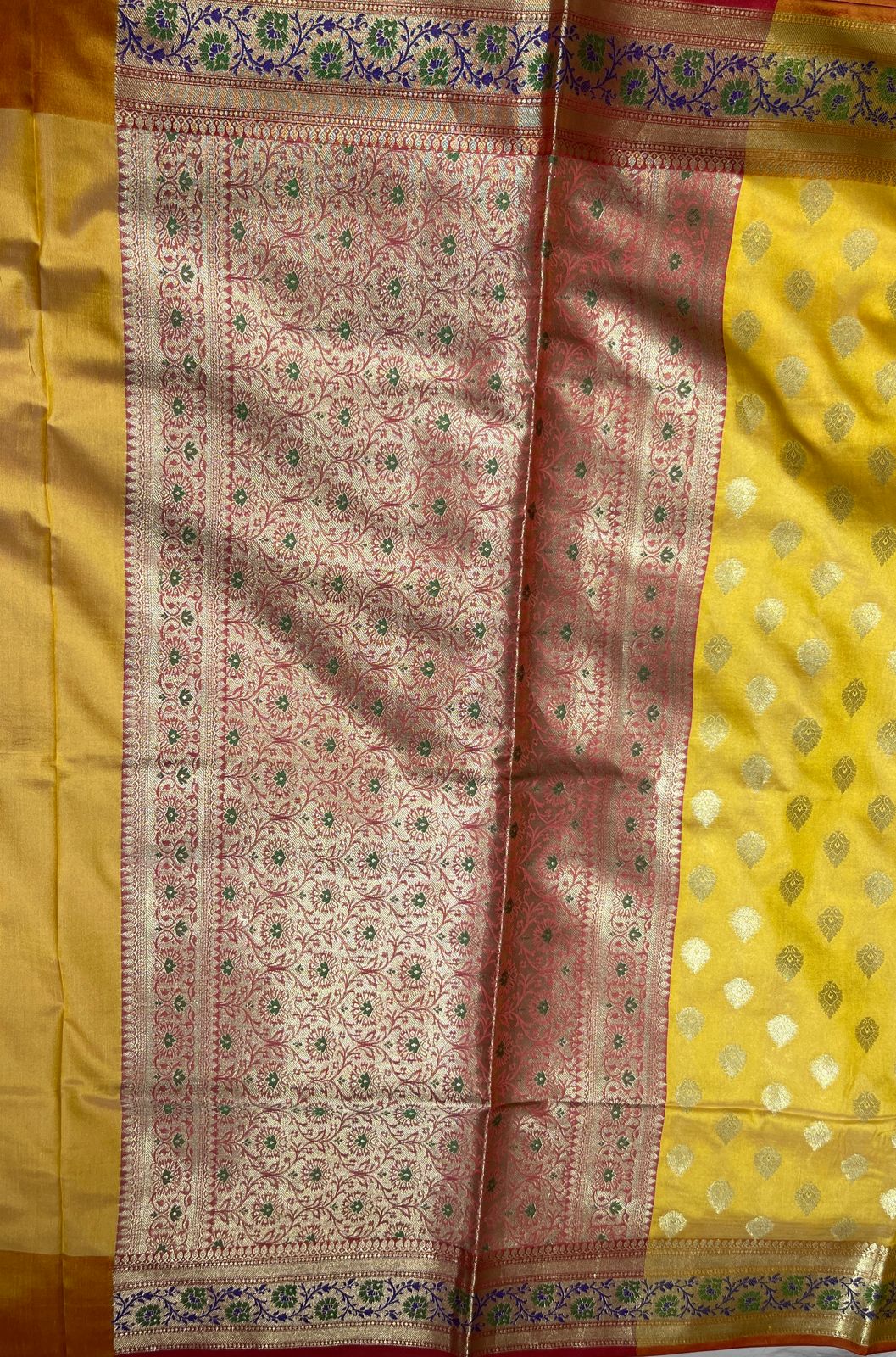 Faishana Presents Gold Katan Silk Golden Zari Booti with Contrast Banarasi Alfi Mina Border and Red Blouse