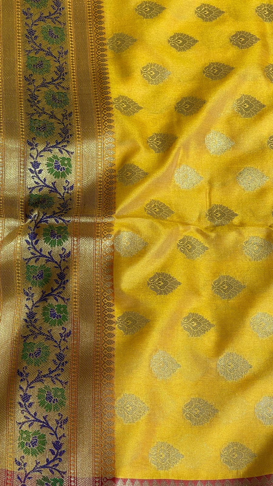 Faishana Presents Gold Katan Silk Golden Zari Booti with Contrast Banarasi Alfi Mina Border and Red Blouse