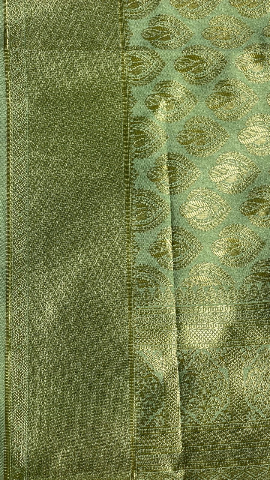 Faishana Presents Light Green Kanjivaram Silk Golden Zari Paisley Boota with Self Zari Border and Light Green Blouse
