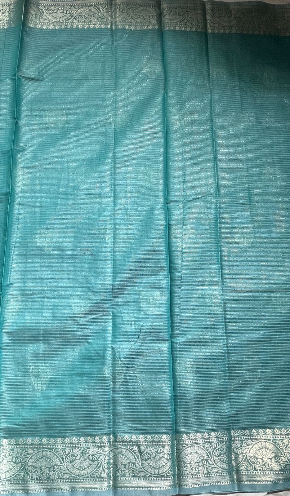 Faishana Presents Sea Green Cotton Masrise Floral Silver Zari Booti with Self Silver Zari Border and Sea Green Blouse