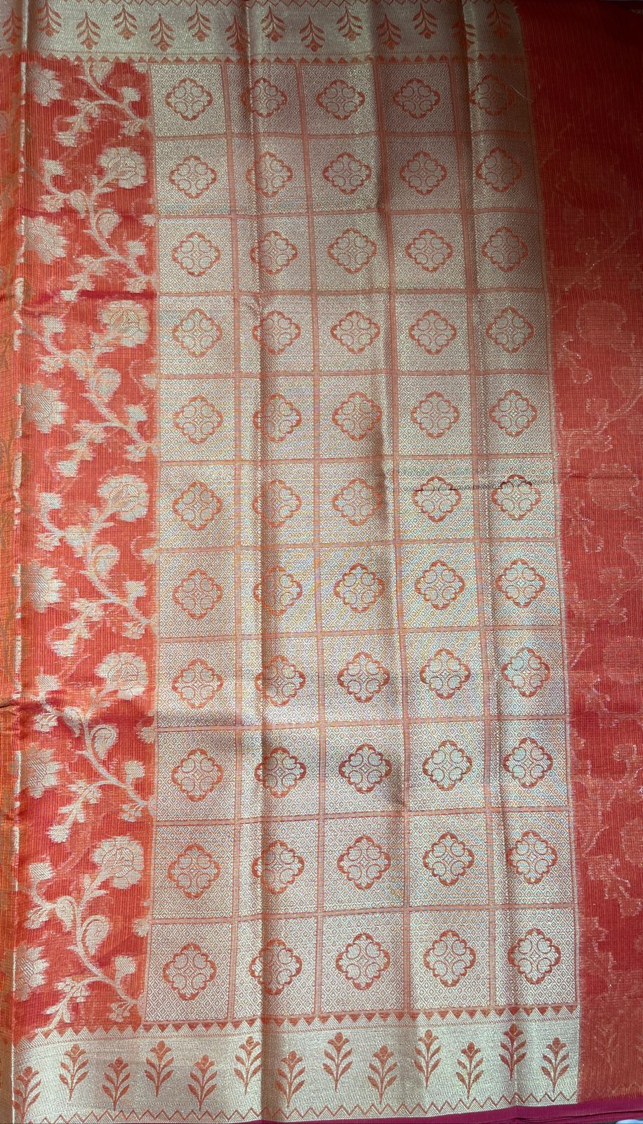 Faishana Presents Orange Tissue Golden Floral Zari Jaal with Checkered Pallu and Orange Blouse