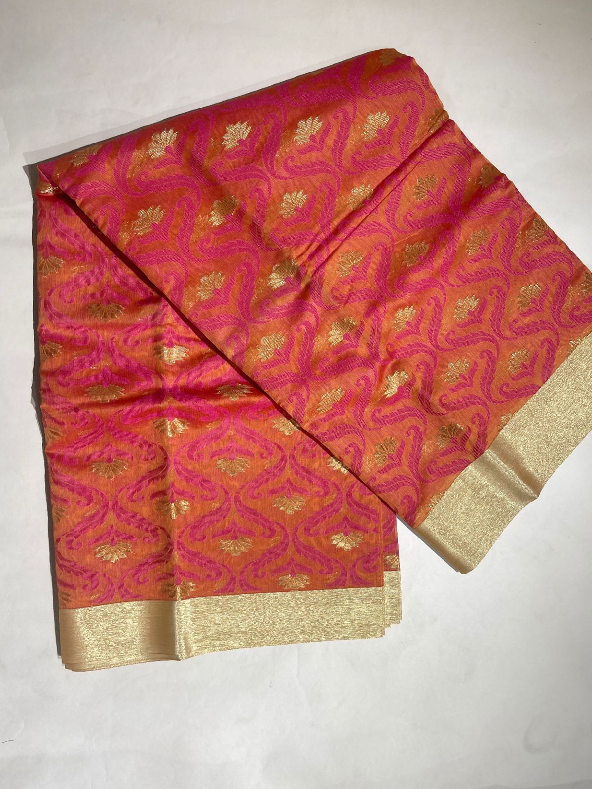 Faishana Presents Orange Masrise Tissue Alfi Resham Jaal Golden Zari Booti with Multicolour Golden Self Border and Orange Bouse